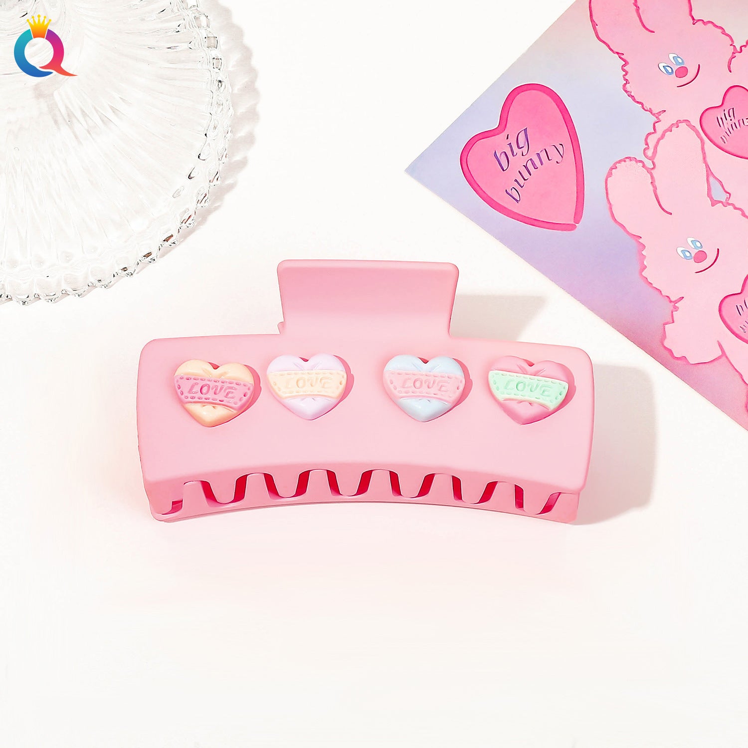 Wholesale Qiyue Valentine's Day headband pink love hairpin fabric wide-brimmed grip shark clip